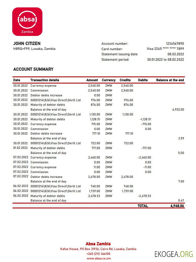 Relevé bancaire Absa en Zambie